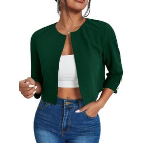 WDIRARA Women's Open Front 3/4 Sleeve Button Cuff Crop Blazer Casual Jackets