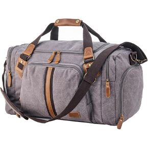 AGDHERSNVX Canvas Duffle Bag with Shoes Compartment Overnight Travel Duffel with Genuine Leather Parts Weekender Lightweight Waterproof Bags for Women Men Khaki