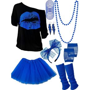 Blulu 80s Costume Accessories for Women Halloween Outfit Dress Neon Leg Warmers Fishnet Gloves T-shirt Tutu Headband in Kuwait