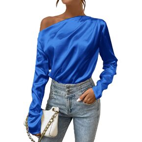 SOLY HUX Women's Satin Silk Off The Shoulder Long Sleeve Elegant Blouse Tops