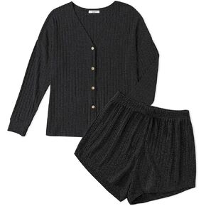 Ekouaer Ribbed Knit Pajamas Sets for Women Button-Down Loungewear Casual Shirt and Shorts 2 Piece Long Sleeve Soft Lounge Set