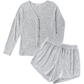 Ekouaer Ribbed Knit Pajamas Sets for Women Button-Down Loungewear Casual Shirt and Shorts 2 Piece Long Sleeve Soft Lounge Set