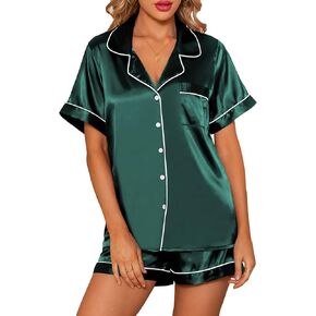 Senert Womens Silk Satin Pajamas Short Sleeve Button Down Pjs Set Sleepwear Two Piece Pjs Shorts Set with Pockets S-XXL