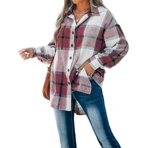CUPSHE Women Long Sleeve Plaid Button Down Tops Casual V Neck Oversized Shirt Blouse