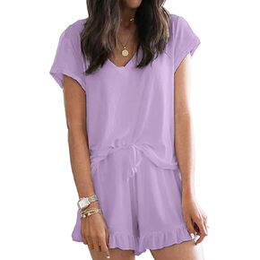 LuckyMore Womens Pajama Sets Shorts Soft Lounge Sets Short Sleeve V Neck Pj Set Sleepwear Top with Causal Pj Shorts