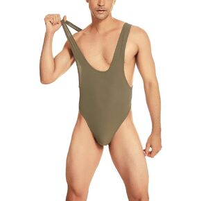 ABAFIP Mens Sleeveless High Cut Thong Leotard Bodysuit One Piece Backless Deep U Neck Solid Singlet Undershirt Activewear