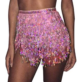 nqgsntc Women Sequin Tassel Hip Skirt Scarf Sparkly Wrap Rave Belly Dance Skirt Festival Party Costume