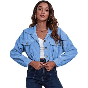 Bbkkuck Womens Fall Corduroy Cropped Shackets Button Down Puff Sleeve Lightweight Short Jacket Winter Coat