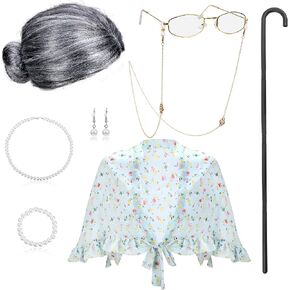 BBTO Old Lady Costume Granny Wig Grandma Shawl Inflatable Cane Frame Glasses with Chain Faux Pearl Necklace Bracelet Earrings