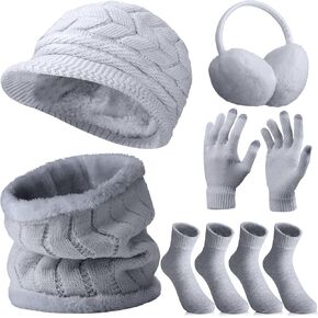 6 Pcs Winter Hat Gloves Scarf Earmuffs Socks Set Knit Beanie Hat Neck Touch Screen Mittens Fleece for Women