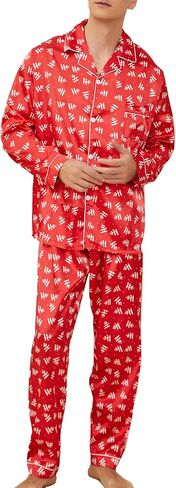 FENTENG طقم بيجامات رجالي من الساتان بأكمام طويلة طقم ملابس نوم حريري بأزرار سفلية مع سروال طويل ناعم 2 قطعة طقم صالة in Kuwait