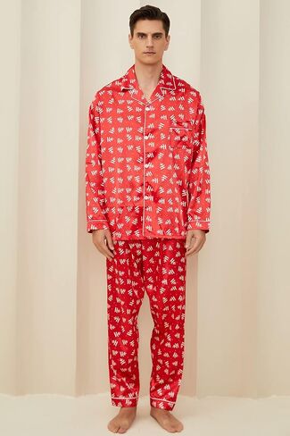 FENTENG طقم بيجامات رجالي من الساتان بأكمام طويلة طقم ملابس نوم حريري بأزرار سفلية مع سروال طويل ناعم 2 قطعة طقم صالة in Kuwait