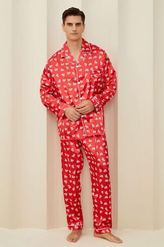 FENTENG طقم بيجامات رجالي من الساتان بأكمام طويلة طقم ملابس نوم حريري بأزرار سفلية مع سروال طويل ناعم 2 قطعة طقم صالة in Kuwait