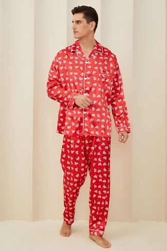 FENTENG طقم بيجامات رجالي من الساتان بأكمام طويلة طقم ملابس نوم حريري بأزرار سفلية مع سروال طويل ناعم 2 قطعة طقم صالة in Kuwait