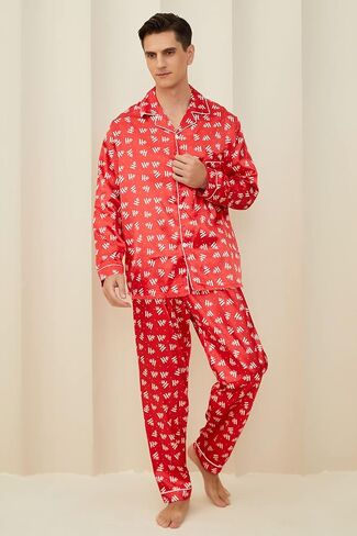 FENTENG طقم بيجامات رجالي من الساتان بأكمام طويلة طقم ملابس نوم حريري بأزرار سفلية مع سروال طويل ناعم 2 قطعة طقم صالة in Kuwait