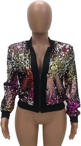 Womens Sparkly Short Jackets Long Sleeve Sequins Zipper Party Clubwear Outwear Coats in Saudi Arabia