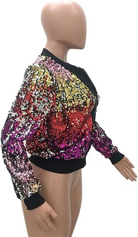 Womens Sparkly Short Jackets Long Sleeve Sequins Zipper Party Clubwear Outwear Coats in Saudi Arabia