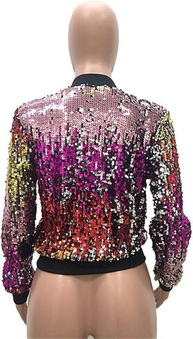Womens Sparkly Short Jackets Long Sleeve Sequins Zipper Party Clubwear Outwear Coats in Saudi Arabia