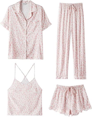 SAPJON Silk Pajamas for Women Set 4Pcs Ruffled Satin Pajamas Set Button Down Short Sleeve Cami Shorts Sleepwear Pj Set in Saudi Arabia