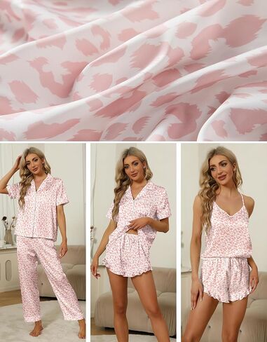 SAPJON Silk Pajamas for Women Set 4Pcs Ruffled Satin Pajamas Set Button Down Short Sleeve Cami Shorts Sleepwear Pj Set in Saudi Arabia