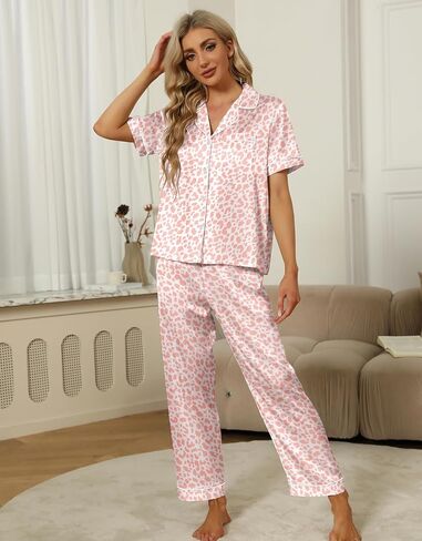 SAPJON Silk Pajamas for Women Set 4Pcs Ruffled Satin Pajamas Set Button Down Short Sleeve Cami Shorts Sleepwear Pj Set in Saudi Arabia