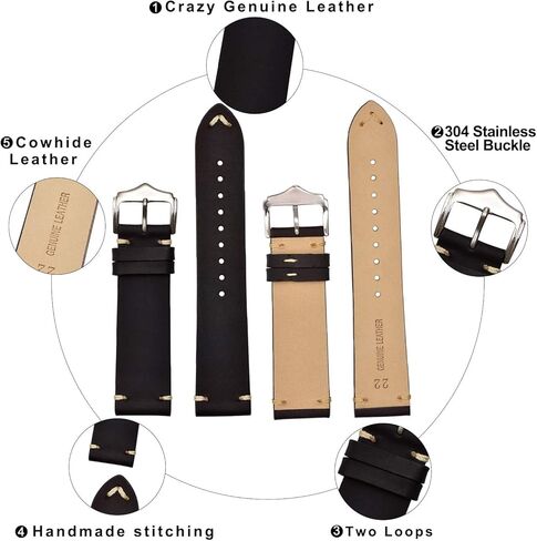 أساور ساعة جلدية للرجال من EACHE، أحزمة ساعة كلاسيكية للنساء، كريزي هورس/شمع زيتي/جلد سويدي/جلد مدبوغ نباتي، سوار ساعة بديل 18 مم 19 مم 20 مم 22 مم in Kuwait