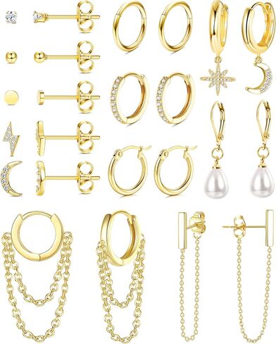 FASACCO Earring Set for Multiple Piercing 18K Gold Plated Chain Earrings Gold Earrings Set Stud Hoop Earrings Set Moon and Star Pearl Dangle Earrings in Kuwait