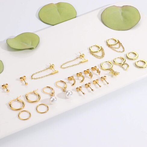 FASACCO Earring Set for Multiple Piercing 18K Gold Plated Chain Earrings Gold Earrings Set Stud Hoop Earrings Set Moon and Star Pearl Dangle Earrings in Kuwait