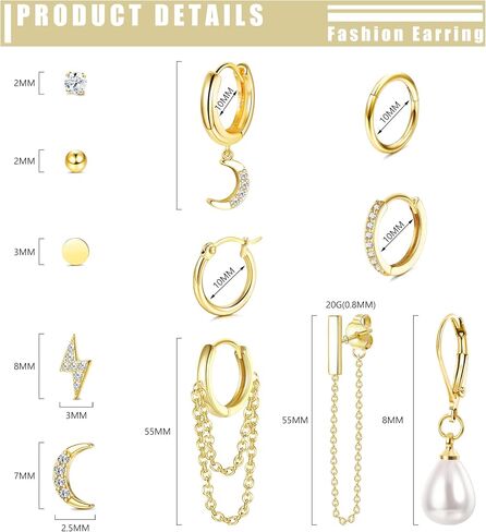 FASACCO Earring Set for Multiple Piercing 18K Gold Plated Chain Earrings Gold Earrings Set Stud Hoop Earrings Set Moon and Star Pearl Dangle Earrings in Kuwait