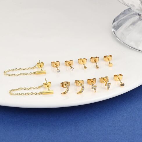 FASACCO Earring Set for Multiple Piercing 18K Gold Plated Chain Earrings Gold Earrings Set Stud Hoop Earrings Set Moon and Star Pearl Dangle Earrings in Kuwait