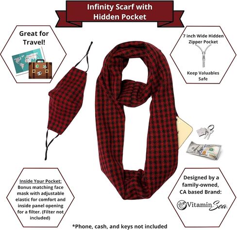 VITAMIN SEA Infinity Scarves with Hidden Zipper Pocket - Stylish and Lightweight Travel Scarf for Women in Saudi Arabia