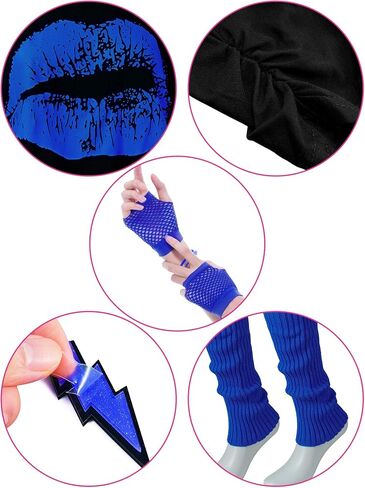 Blulu 80s Costume Accessories for Women Halloween Outfit Dress Neon Leg Warmers Fishnet Gloves T-shirt Tutu Headband in Kuwait