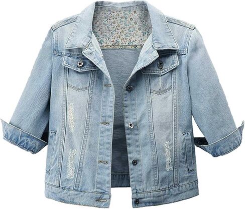 Songling Women's 3/4 Sleeve Short Denim Jacket Ripped Distressed Jean Coat in Kuwait