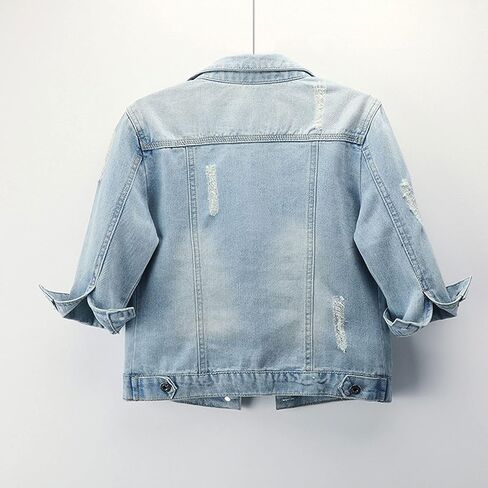 Songling Women's 3/4 Sleeve Short Denim Jacket Ripped Distressed Jean Coat in Kuwait