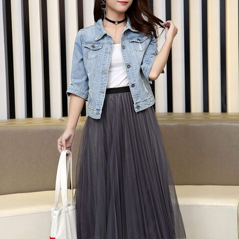 Songling Women's 3/4 Sleeve Short Denim Jacket Ripped Distressed Jean Coat in Kuwait