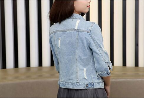 Songling Women's 3/4 Sleeve Short Denim Jacket Ripped Distressed Jean Coat in Kuwait