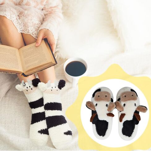 Zhanmai النساء النعال غامض لينة البقرة النعال Kawaii النعال بقرة الحيوان النعال لطيف النعال 3D الحيوان الشتاء الدافئة النعال الجوارب غير زلق منزل النعال in Kuwait