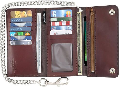 RFID Blocking Men's Tri-fold Vintage Long Style cow Leather With Chain card holder Wallet,MADE IN USA in Kuwait