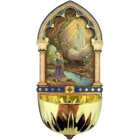Religious Gifts Divine Mercy Gold Embossed Laser Cut Wood Multi-Dimensional Holy Water Font, 5 Inch
