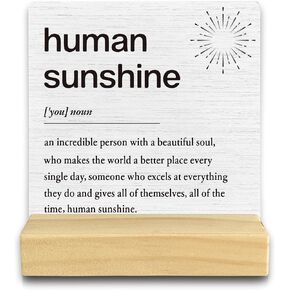 QASHWEY Inspirational Desk Decor, Thank You Gifts Motivational Wood Table Signs, Appreciation Gifts for Coworkers Women, Human Sunshine Definition Wooden Plaque with Wooden Stand for Home Office