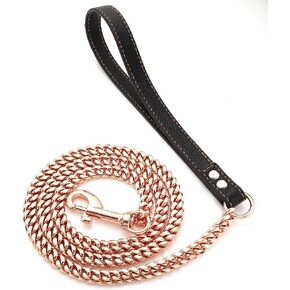 Rose Gold Chain Dog Leash Heavy Duty 3FT/4FT/5FT Stainless Steel Metal Training Walking Leash,Easy Hook,Leather Handle,Chewy, 10mm/14mm Cuban Link Leash for Large Medium Small Dogs(10mm, 3FT) in Kuwait