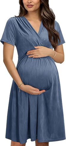 فستان حمل نسائي من OUGES 2023 بأكمام قصيرة ورقبة على شكل حرف V بطول الركبة لحفلات استقبال المولود الجديد أو الملابس الكاجوال in Kuwait