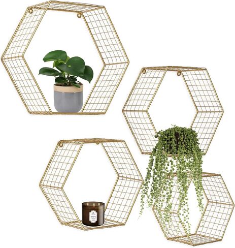 كيميستي مجموعة من 4 رفوف حائط سداسية ذهبية بتصميم خلية نحل معلقة على الحائط، ارفف شبكية بتصميم هندسي ثماني الاضلاع بتصميم بوهو in Kuwait