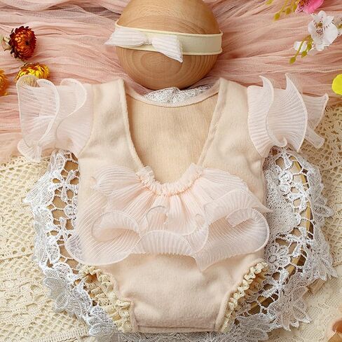 ملابس لحديثي الولادة من الدانتيل رومبير للفتيات حديثي الولادة للتصوير الفوتوغرافي مع عصابة رأس مفتوحة من الخلف للفتيات الصغيرات in Kuwait