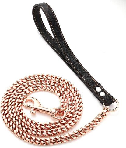 Rose Gold Chain Dog Leash Heavy Duty 3FT/4FT/5FT Stainless Steel Metal Training Walking Leash,Easy Hook,Leather Handle,Chewy, 10mm/14mm Cuban Link Leash for Large Medium Small Dogs(10mm, 3FT) in Saudi Arabia