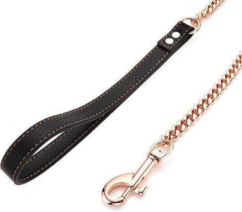 Rose Gold Chain Dog Leash Heavy Duty 3FT/4FT/5FT Stainless Steel Metal Training Walking Leash,Easy Hook,Leather Handle,Chewy, 10mm/14mm Cuban Link Leash for Large Medium Small Dogs(10mm, 3FT) in Saudi Arabia