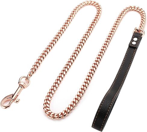 Rose Gold Chain Dog Leash Heavy Duty 3FT/4FT/5FT Stainless Steel Metal Training Walking Leash,Easy Hook,Leather Handle,Chewy, 10mm/14mm Cuban Link Leash for Large Medium Small Dogs(10mm, 3FT) in Saudi Arabia