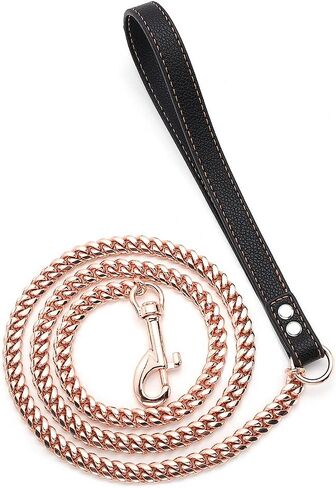 Rose Gold Chain Dog Leash Heavy Duty 3FT/4FT/5FT Stainless Steel Metal Training Walking Leash,Easy Hook,Leather Handle,Chewy, 10mm/14mm Cuban Link Leash for Large Medium Small Dogs(10mm, 3FT) in Saudi Arabia