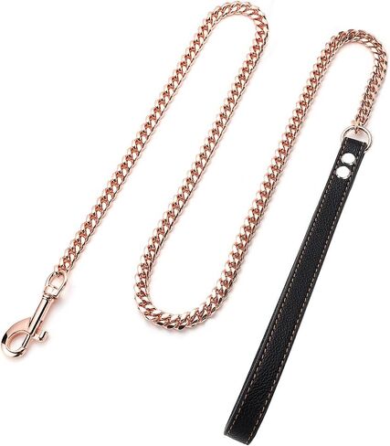 Rose Gold Chain Dog Leash Heavy Duty 3FT/4FT/5FT Stainless Steel Metal Training Walking Leash,Easy Hook,Leather Handle,Chewy, 10mm/14mm Cuban Link Leash for Large Medium Small Dogs(10mm, 3FT) in Saudi Arabia