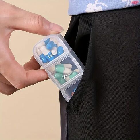 صندوق حبوب الدواء المحمول، مقاوم للرطوبة، منظم حبوب الدواء في الجيب، لطيف ومضغوط، صندوق لوحي لطيف للسفر، حقيبة حبوب منع الحمل اليومية، تخزين الفيتامينات، صناديق حبوب زيت السمك مع مقصورات (أزرق) in Kuwait